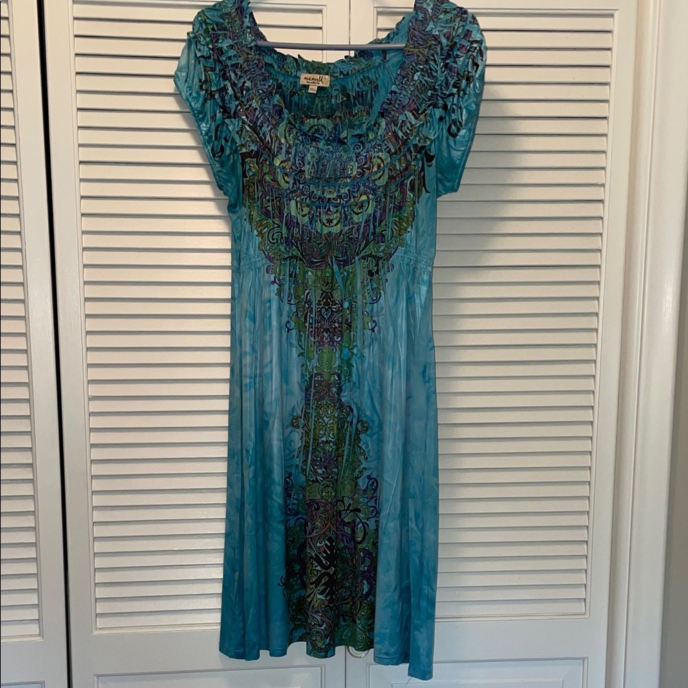 One World Bohemian Teal and Olive Dress, L